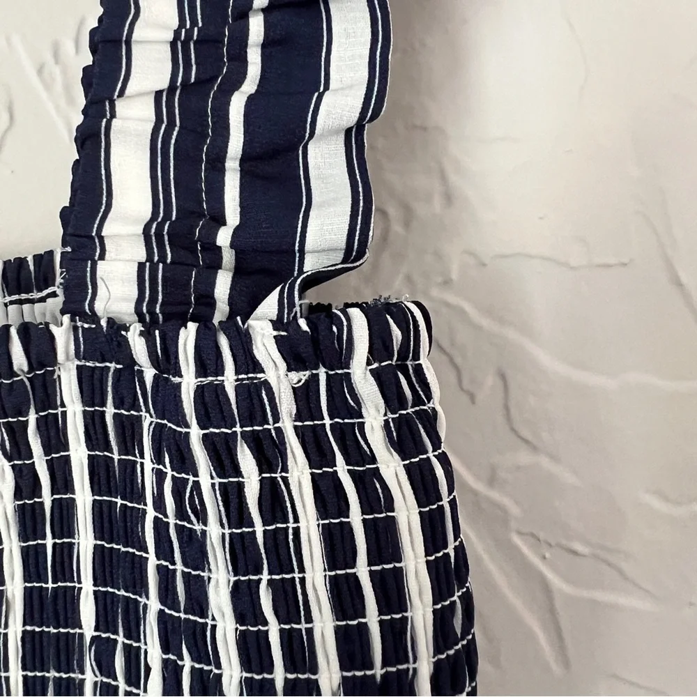 Stripe Smocked Maxi Dress, Size Small. Navy and white striped tiered maxi dress. - Picture 5 of 9